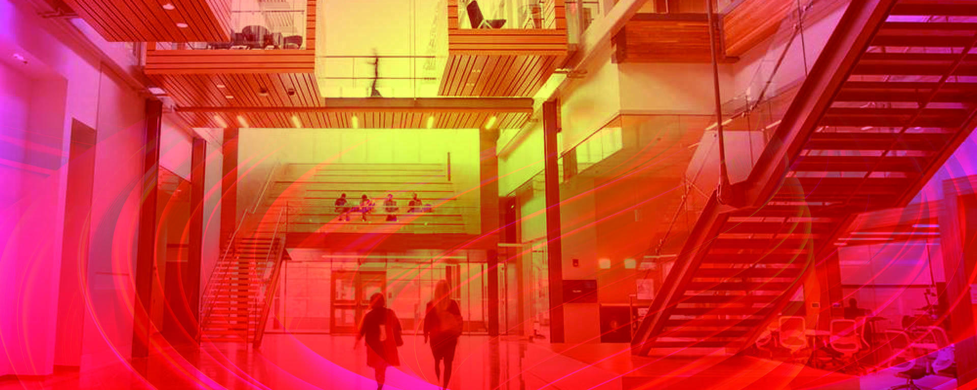 Interior of the Taylor Institute building, showing two people walking through, with a red and yellow gradient overlay.