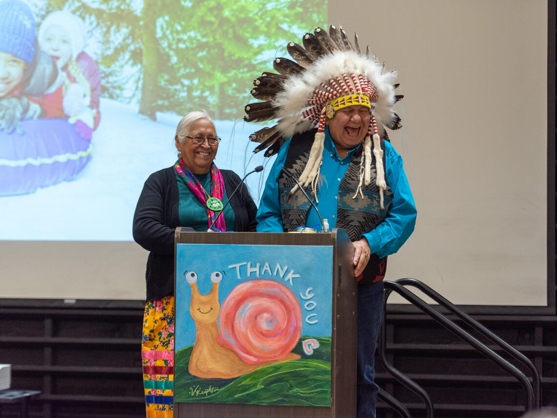 Rose and Elder Reg Crowshoe at the 2022 Child Health and Wellness Retreat