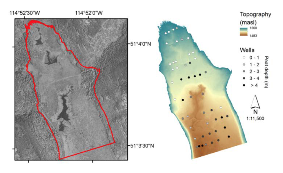 Satellite photo of Sibbald Research Wetland and peatland, with wells in well network