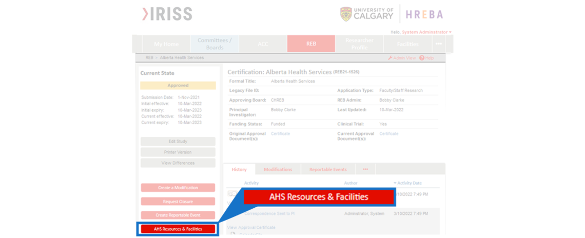 Snapshot of IRISS AHS Resources and Facilities Request