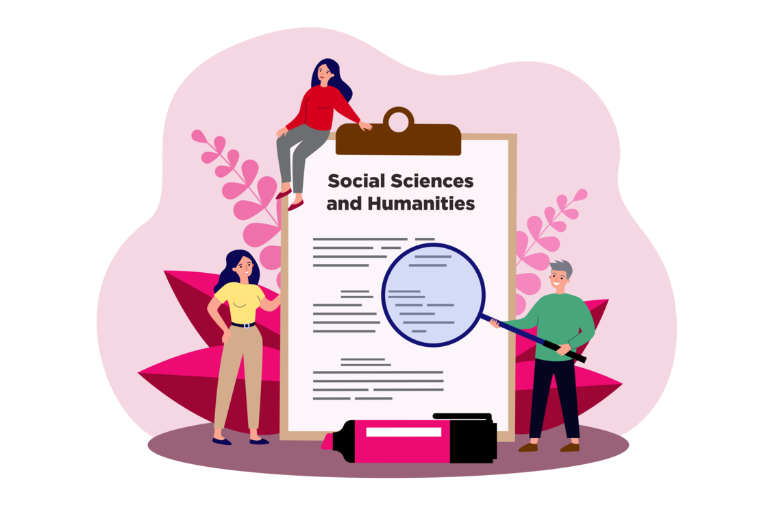 illustration of 3 people around a clipboard that says "social sciences and humanities" on it.