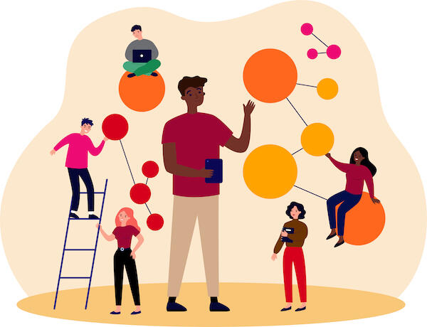 Illustration of a group of people looking at data points