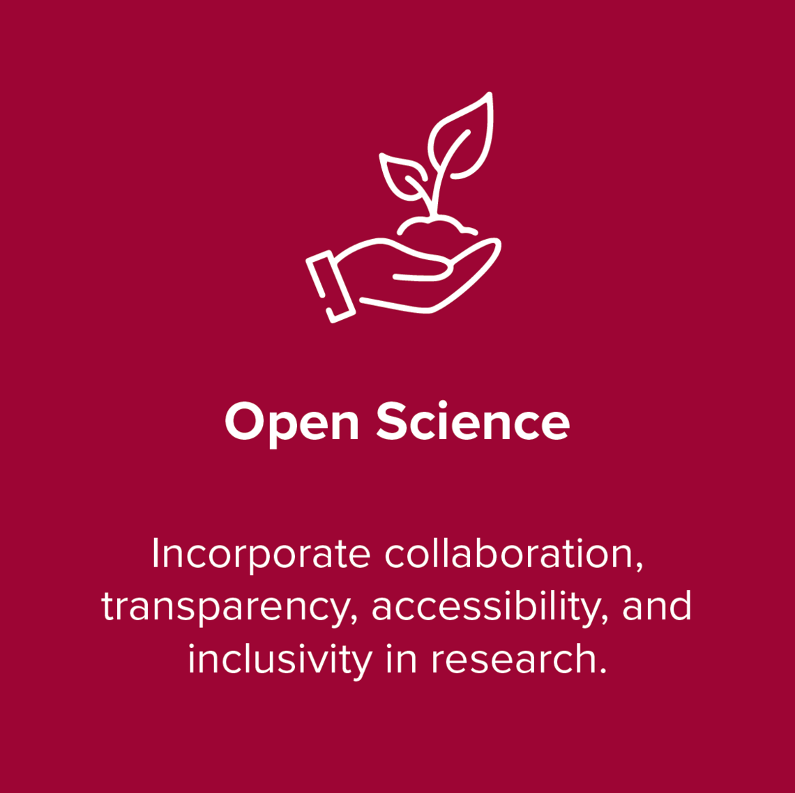 Open Science: Incorporate collaboration, transparency, accessibility and inclusivity in research.