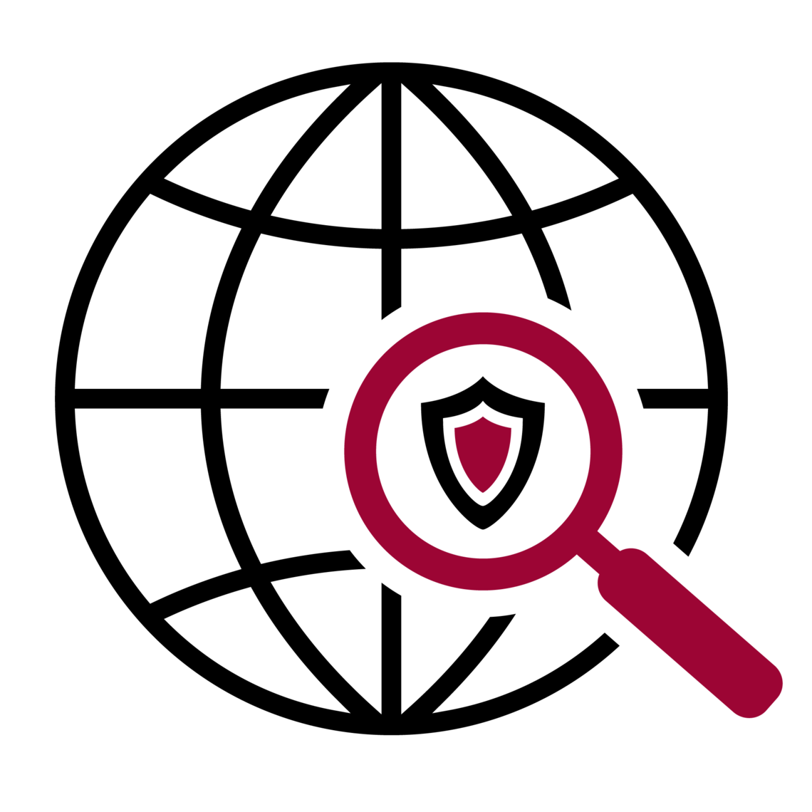 globe icon with security badge and magnifying glass