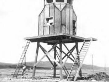 First guard tower at prisoner of war camp, Ozada, Alberta (1942)