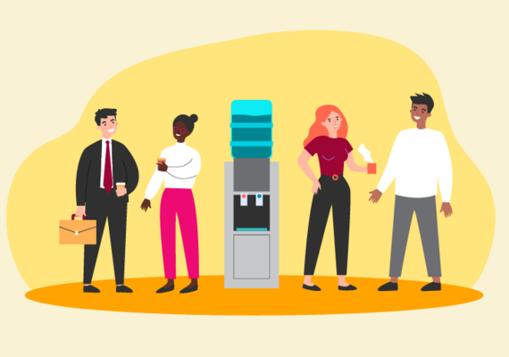 four people around a water cooler