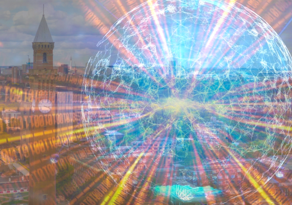 city with quantum science image overlayed