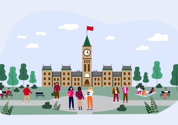Researchers hanging out in front of Parliament Hill